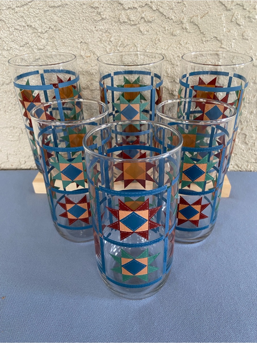 Libbey Set of 6 Southwest Sawtooth Star Quilt Block Glass Tumblers 80s Colors